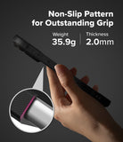 iPhone 17 Pro Case | Onyx Magnetic - Hand holding black phone case showing non-slip texture, 35.9g weight, and 2.0mm thickness.
