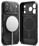 iPhone 17 Pro Case | Onyx Magnetic - Black camo phone case with magnetic charger attached and interior view.