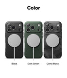 iPhone 17 Pro Case | Onyx Magnetic - Three iPhone 17 Pro cases in black, dark green, and camo black with magnetic chargers.