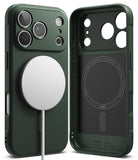 iPhone 17 Pro Case | Onyx Magnetic - Dark green phone case with a white magnetic charger attached and an interior view.