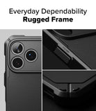 iPhone 17 Pro Case | Rugged Gear - Close-up of a black rugged phone case showing camera lenses, textured power button, and corner bumpers.