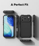 iPhone 17 Pro Case | Rugged Gear - Exploded view of a black rugged phone case showing front, back, and side profiles.