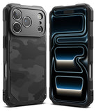 iPhone 17 Pro Case | Rugged Gear - iPhone 17 Pro Case - Rugged black case with camo back and triple-lens camera cutout shown from front and back views.