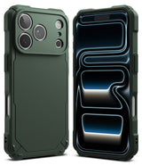 iPhone 17 Pro Case | Rugged Gear - Dark green rugged phone case shown from back and front with a textured, protective design.