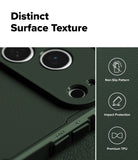 iPhone 17 Pro Case | Rugged Gear - Dark green phone case with textured surface, camera cutouts, and icons for grip and protection.