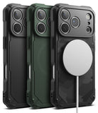 iPhone 17 Pro Case | Rugged Gear Magnetic - Three rugged phone cases in black, green, and carbon fiber with a MagSafe charger.