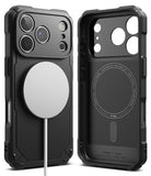 iPhone 17 Pro Case | Rugged Gear Magnetic - Black rugged phone case showing exterior with magnetic charger and interior.