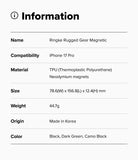 iPhone 17 Pro Case | Rugged Gear Magnetic - Information table listing product specs for the Ringke magnetic case.