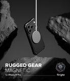 [Bundle] iPhone 17 Pro | Rugged Gear Magnetic - iPhone 17 Pro | Rugged Gear Magnetic - Black rugged phone case floating between rocks with a magnetic charger attached.