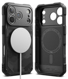 iPhone 17 Pro Case | Rugged Gear Magnetic - Black rugged phone case with carbon fiber texture and magnetic charger.