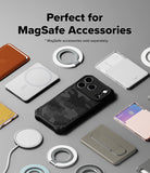 iPhone 17 Pro Case | Rugged Gear Magnetic - Camo phone case surrounded by various MagSafe wallets, chargers, and ring holders.