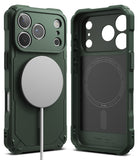 iPhone 17 Pro Case | Rugged Gear Magnetic - Dark green rugged phone case with magnetic charger attached and interior view.