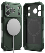 iPhone 17 Pro Case | Rugged Gear Magnetic - Dark green rugged phone case with magnetic charger attached and interior view.