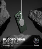 [Bundle] iPhone 17 Pro | Rugged Gear Magnetic - Bundle - iPhone 17 Pro in a green rugged magnetic case suspended by a charger between dark rocky formations.