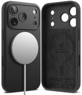 iPhone 17 Pro Case | Silicone Magnetic - Black magnetic silicone case showing exterior with charger and interior.