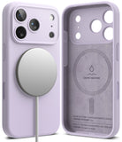 iPhone 17 Pro Case | Silicone Magnetic - Lavender silicone phone case showing exterior with MagSafe charger and suede interior.