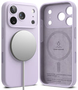 iPhone 17 Pro Case | Silicone Magnetic - Lavender silicone phone case showing exterior with MagSafe charger and suede interior.
