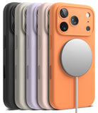iPhone 17 Pro Case | Silicone Magnetic - Five colorful silicone iPhone 17 Pro cases in a row with a magnetic charger.