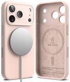iPhone 17 Pro Case | Silicone Magnetic - Light pink silicone phone case showing magnetic back and suede interior.