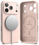 iPhone 17 Pro Case | Silicone Magnetic - Light pink silicone phone case showing magnetic back and suede interior.