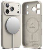 iPhone 17 Pro Case | Silicone Magnetic - Beige magnetic silicone case shown from back with charger and interior view.