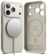 iPhone 17 Pro Case | Silicone Magnetic - Beige magnetic silicone case shown from back with charger and interior view.