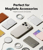 iPhone 17 Pro Case | Silicone Magnetic - Gray iPhone 17 Pro case surrounded by various MagSafe accessories on a light surface.
