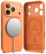 iPhone 17 Pro Case | Silicone Magnetic - Orange silicone case with MagSafe charger and suede-lined interior.