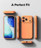 iPhone 17 Pro Case | Silicone Magnetic - Orange silicone case shown from front, back, and side angles on a gray background.