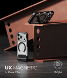 iPhone 17 Pro Case | UX Magnetic - Two clear magnetic phone cases with black frames displayed on industrial steel beams.