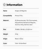 iPhone 17 Pro Case | UX Magnetic - Specification table listing product name, compatibility, materials, size, weight, and color.