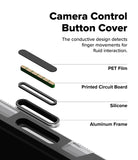 iPhone 17 Pro Case | UX Magnetic - Exploded view of camera control button layers: PET film, circuit board, silicone, and frame.