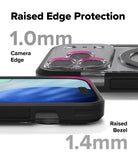 iPhone 17 Pro Case | UX Magnetic - Close-up showing 1.0mm camera edge and 1.4mm screen bezel protection on a black phone case.