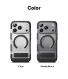 iPhone 17 Pro Case | UX Magnetic - Two iPhone 17 Pro cases in Clear and Smoke Black with magnetic rings and kickstands.