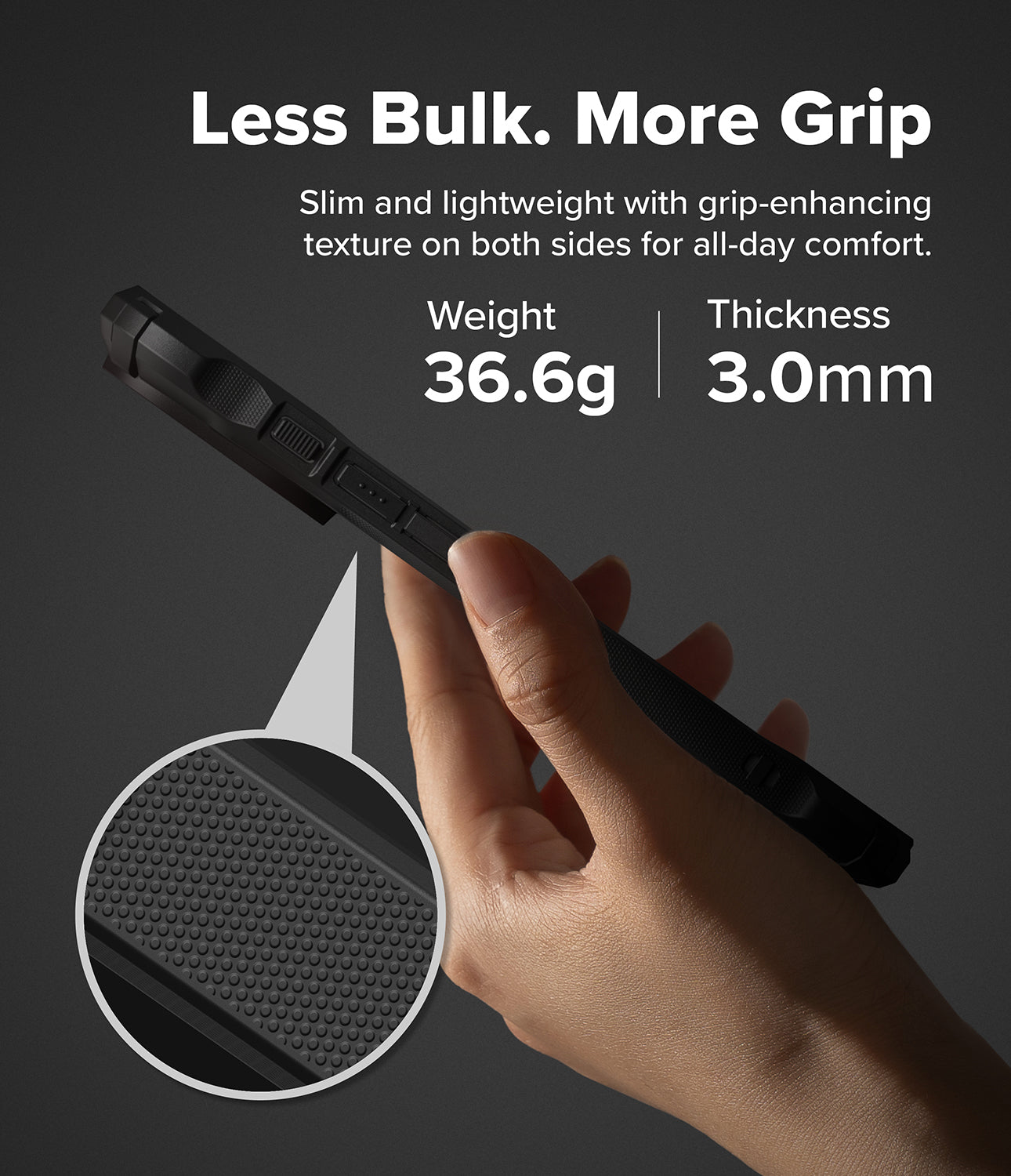 iPhone 18 Pro Case | Fusion-X Magnetic - A hand holds a slim black smartphone case against a dark gray background, with marketing text reading 'Less Bulk. More Grip' and feature callouts for weight 36.