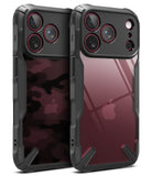iPhone 18 Pro Case | Fusion-X - Two rugged phone cases shown side by side on a white background. The left case has a black and gray camouflage pattern on the back, while the right case is clear with a black bumper and camera surround.