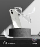 iPhone 17 Case | Air - A clear phone case floating above a white iPhone 17 on a pedestal, surrounded by floating feathers.