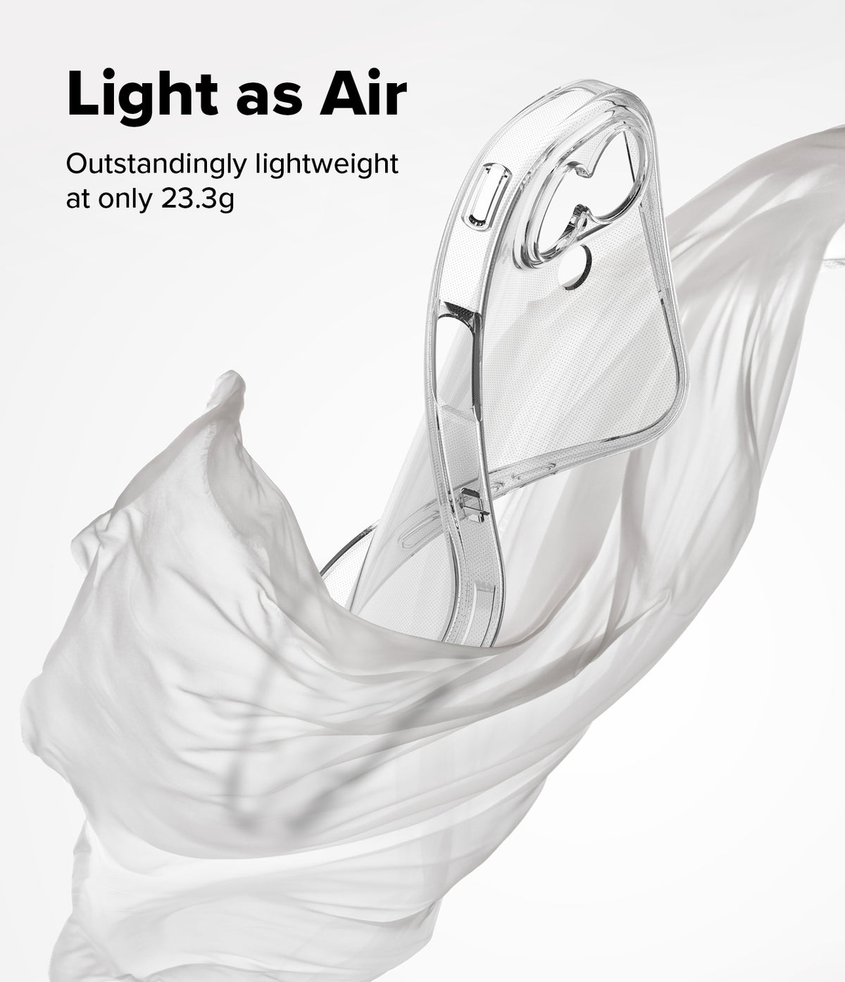 iPhone 17 Case | Air - A clear, lightweight phone case floating amidst flowing white fabric with text about its 23.3g weight.