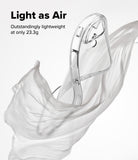 iPhone 17 Case | Air - A clear, lightweight phone case floating amidst flowing white fabric with text about its 23.3g weight.