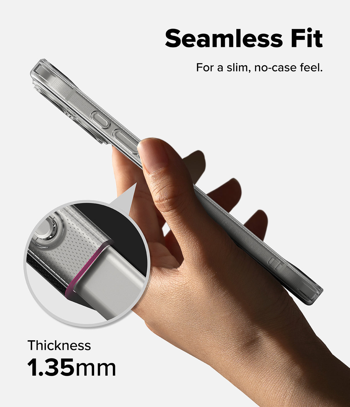 iPhone 17 Case | Air - Hand holding a slim, clear iPhone 17 case with a magnified view highlighting its 1.35mm thickness.