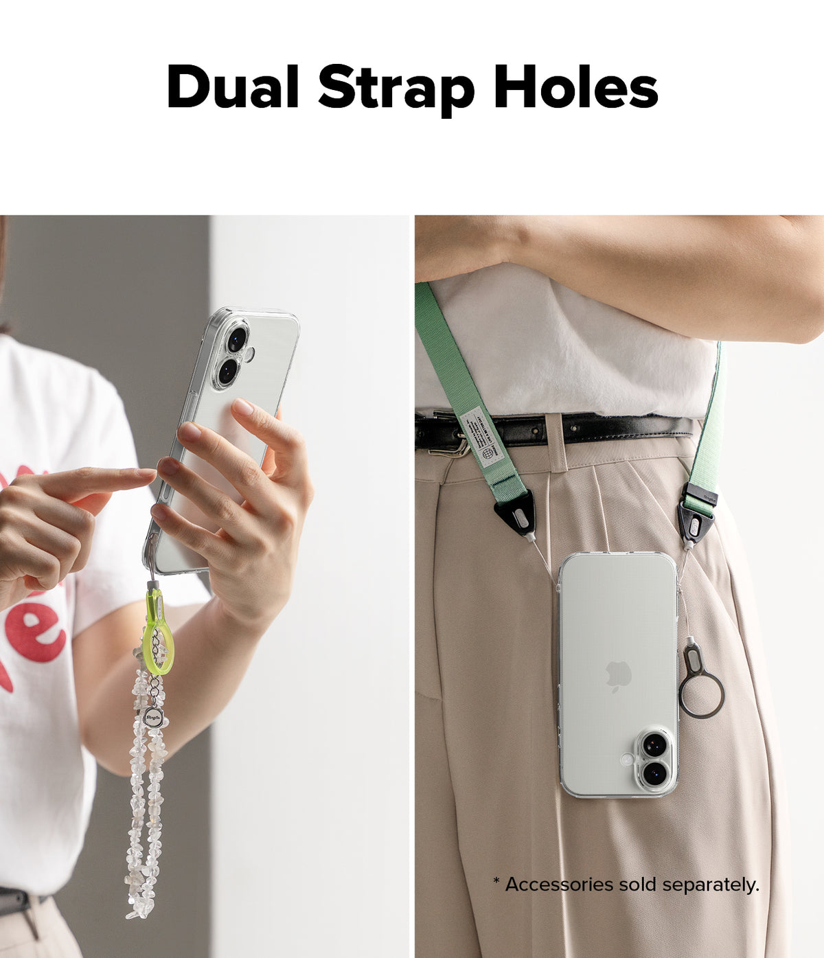 iPhone 17 Case | Air - Clear phone case with dual strap holes, shown held in hand and worn crossbody with a green lanyard.