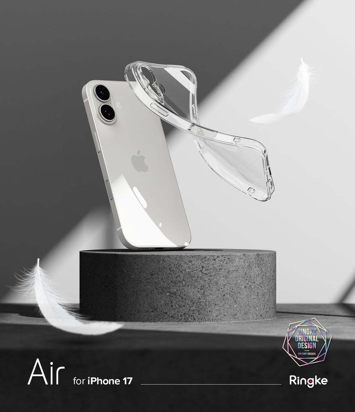 iPhone 17 Case | Air - A clear, flexible phone case floating next to a white iPhone 17 on a stone pedestal with white feathers.