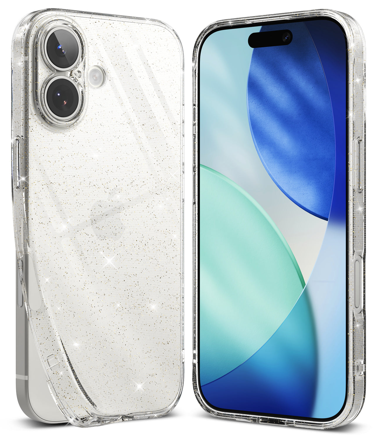 iPhone 17 Case | Air - Clear, glitter-infused protective case shown from back and front views on an iPhone 17.