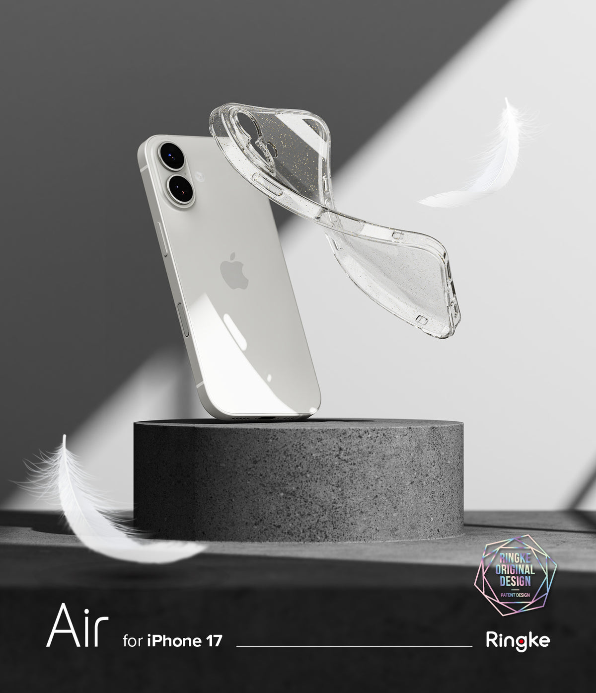 iPhone 17 Case | Air - A clear, flexible phone case floating next to a white iPhone 17 on a stone pedestal with white feathers.