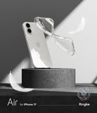 iPhone 17 Case | Air - A clear, flexible phone case floating next to a white iPhone 17 on a stone pedestal with white feathers.