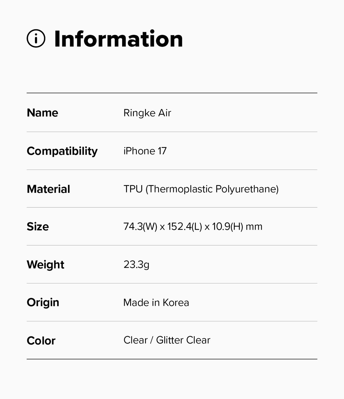 iPhone 17 Case | Air - Information table listing specifications for the Ringke Air case for iPhone 17.