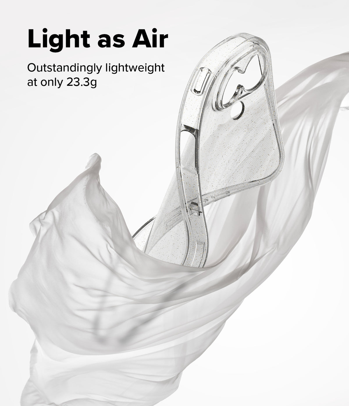 iPhone 17 Case | Air - Transparent phone case floating amidst flowing white fabric with text highlighting its 23.3g weight.