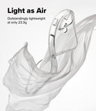 iPhone 17 Case | Air - Transparent phone case floating amidst flowing white fabric with text highlighting its 23.3g weight.