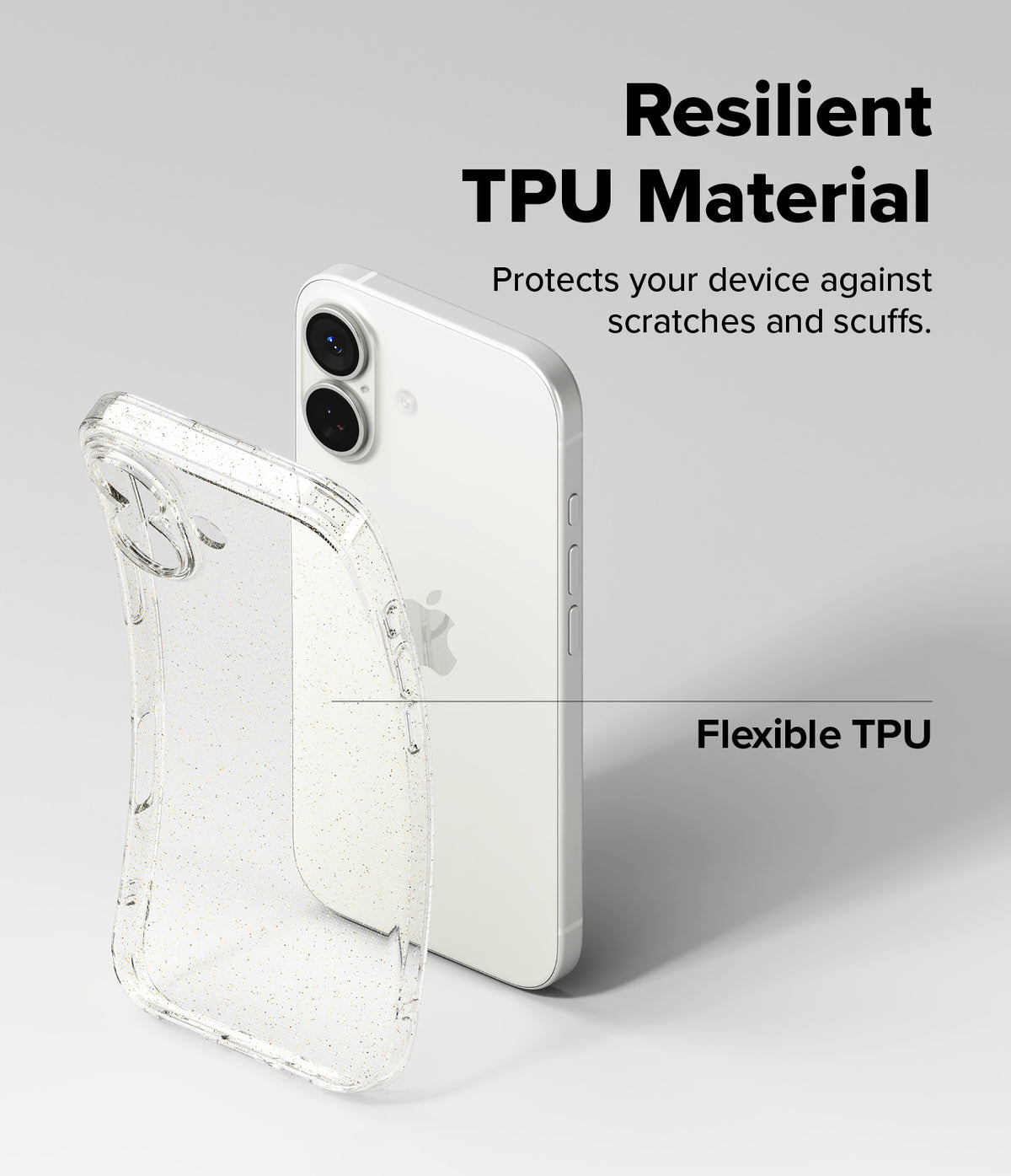 iPhone 17 Case | Air - A white iPhone next to a flexible, clear, glittery TPU protective case on a light gray background.
