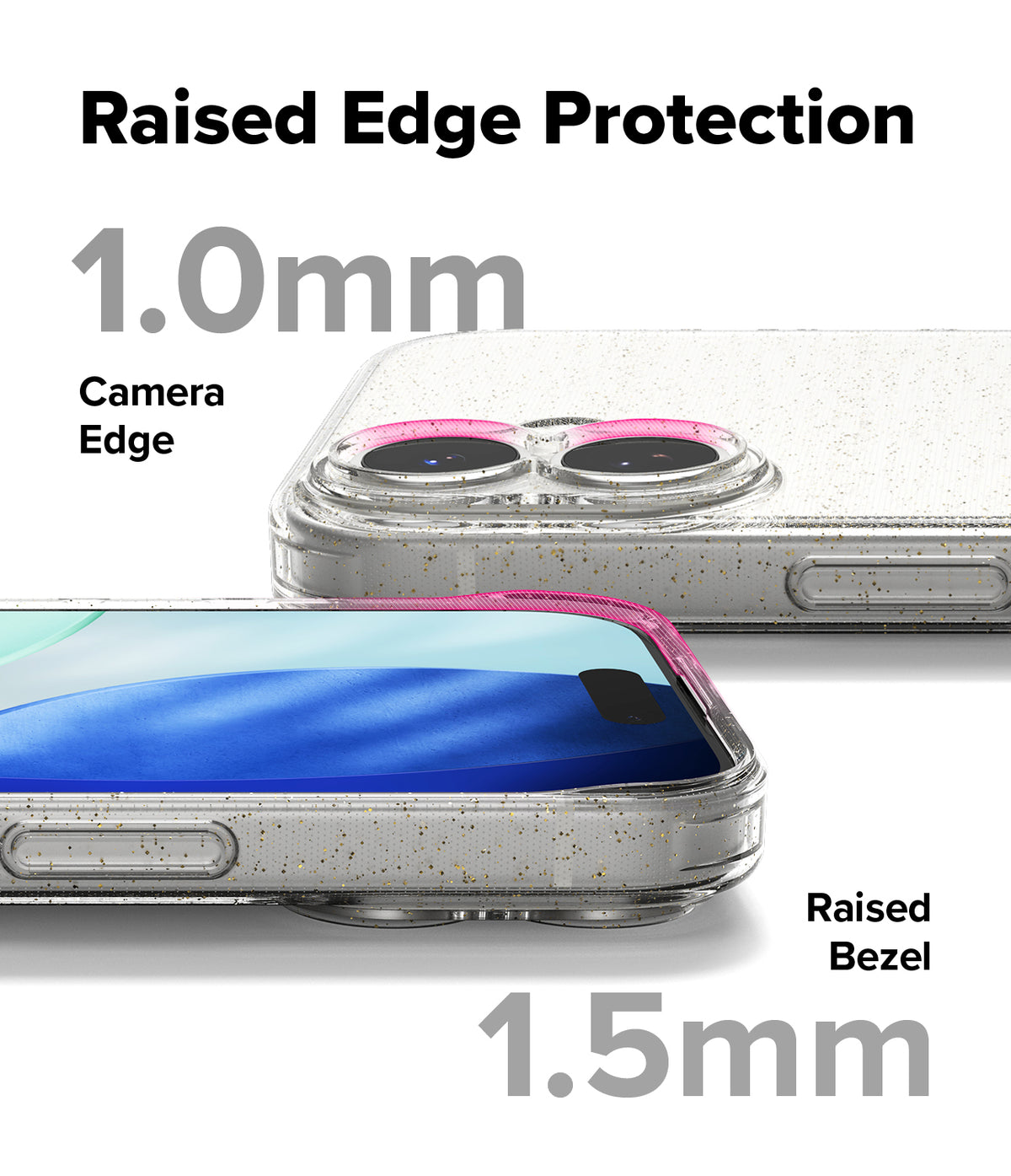 iPhone 17 Case | Air - Clear glitter phone case showing 1.0mm camera edge and 1.5mm screen bezel protection.